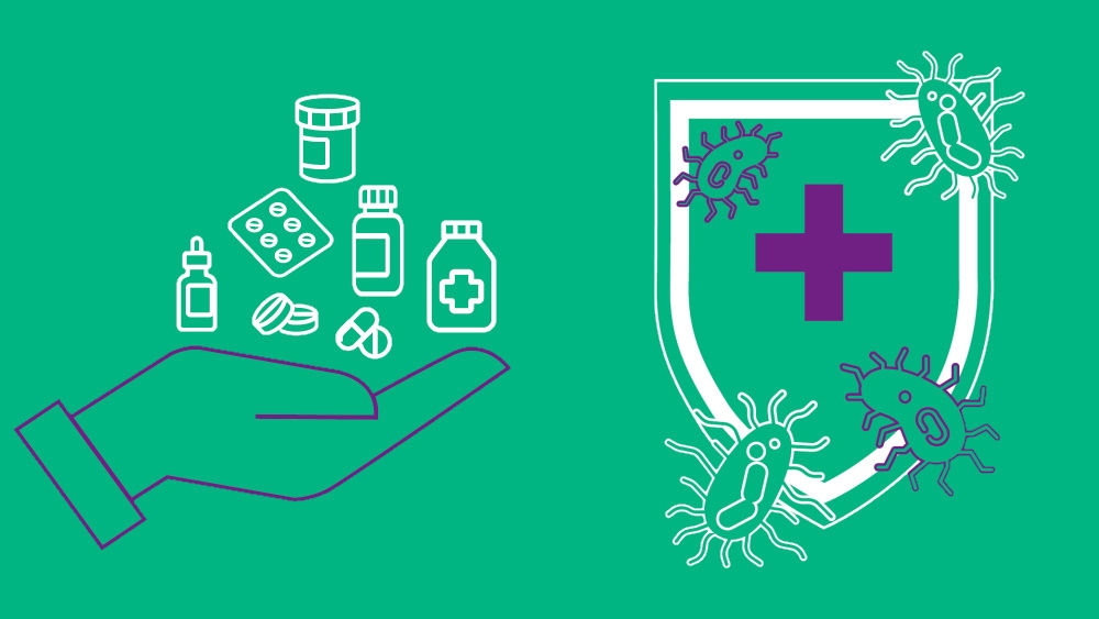 Illustration of a hand with many medicines and protective shield against microbes on the right