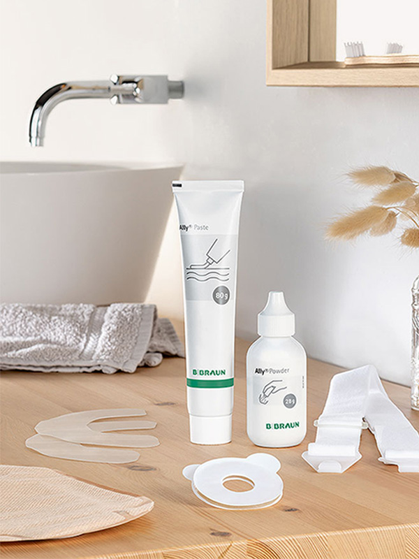 Ally Paste, Ally Powder, Ally Rings, Ally Wafer extension displayed on a surface in a private bath room.